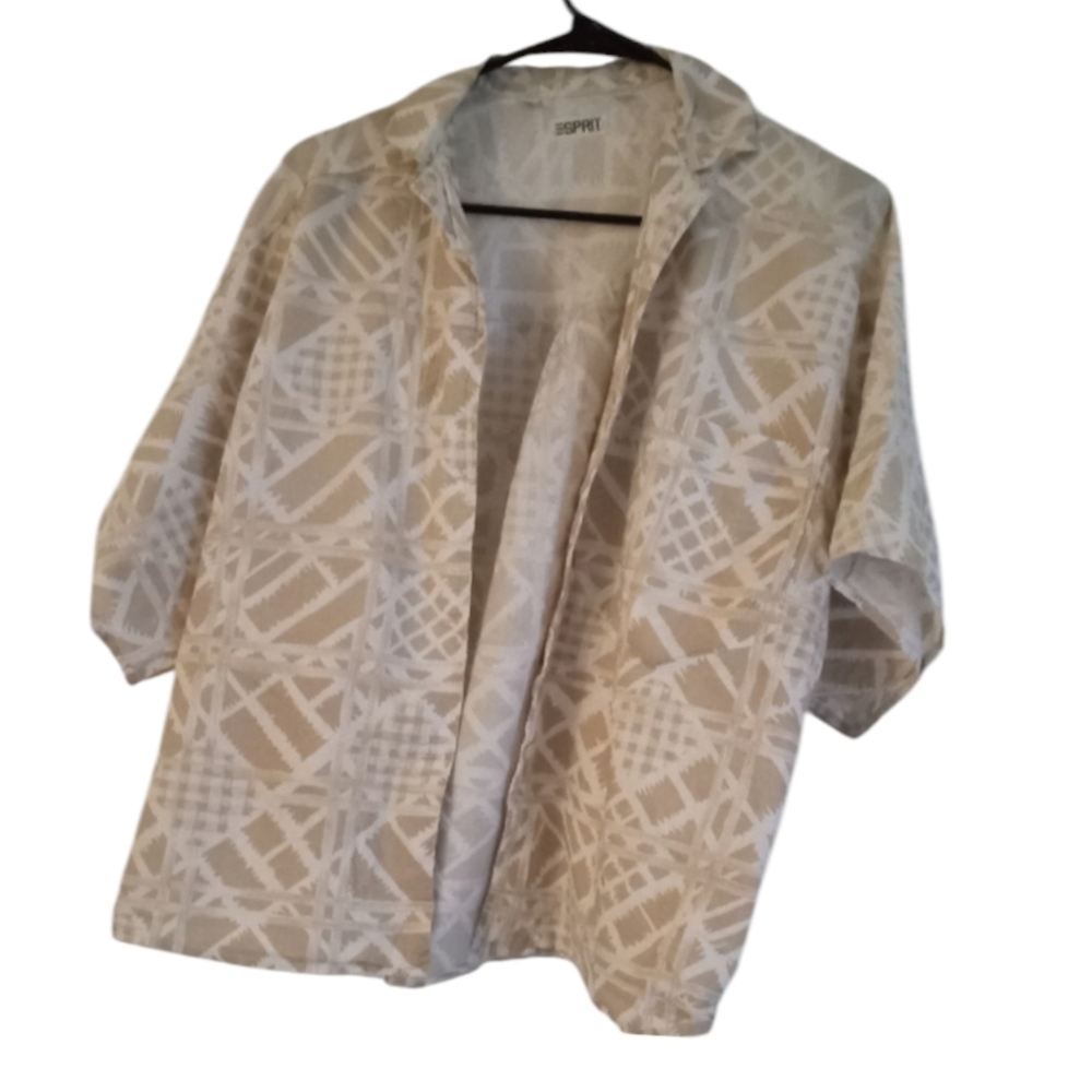 Esprit 1980's Tan & Ecru Oversized Tropical Scene Cotton Shirt - Size: S
